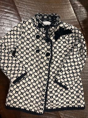 Girls Black & Cream Knit Double-Breasted Pea Coat with Velvet Bow